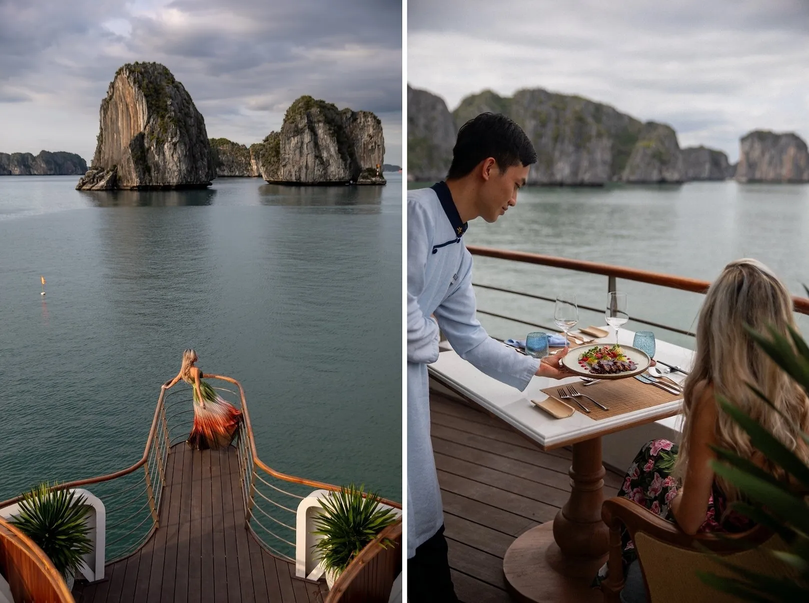 A person on a boat deck and dining beside limestone islands.