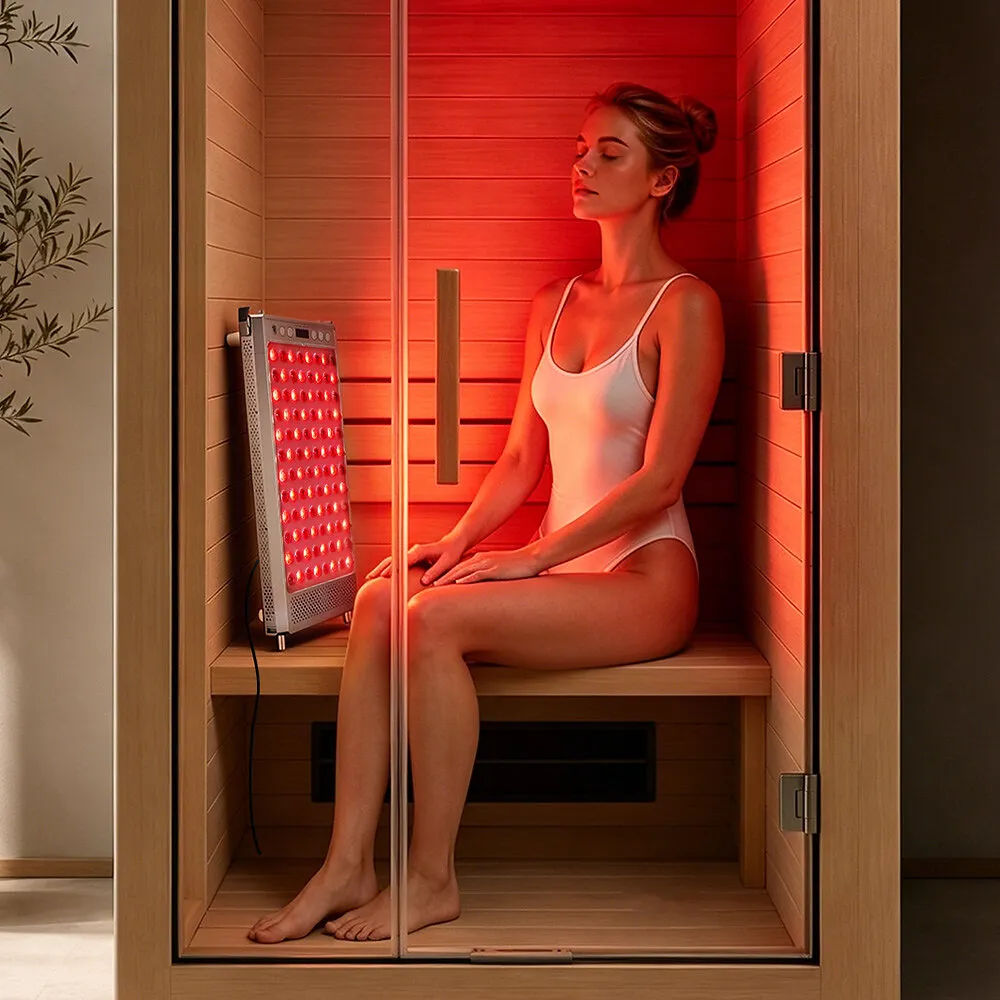 A person in a white swimsuit sits in a red-light sauna beside a glowing therapy panel.