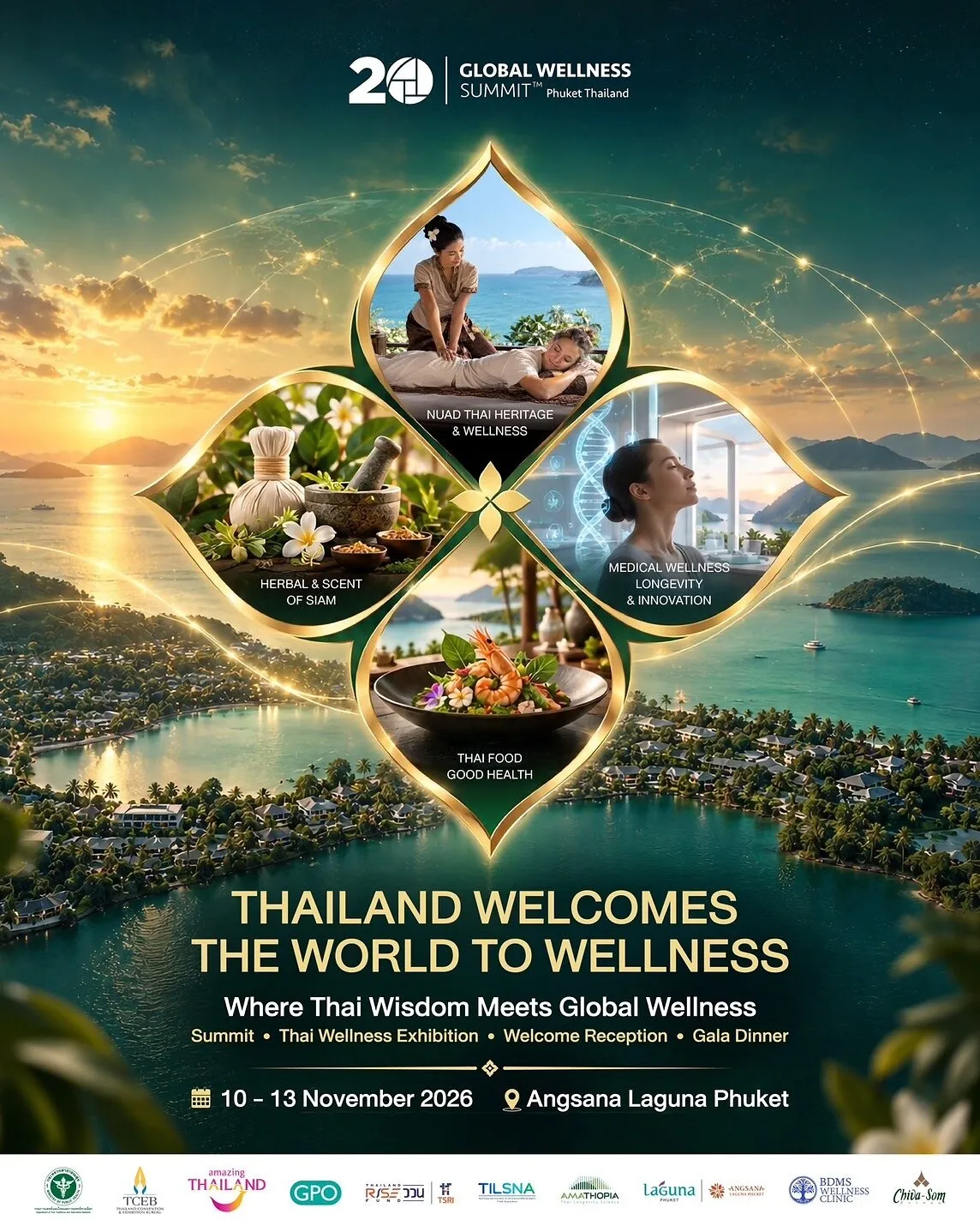 Thailand wellness summit poster featuring Thai massage, herbs, medical wellness, healthy food, and Phuket scenery.