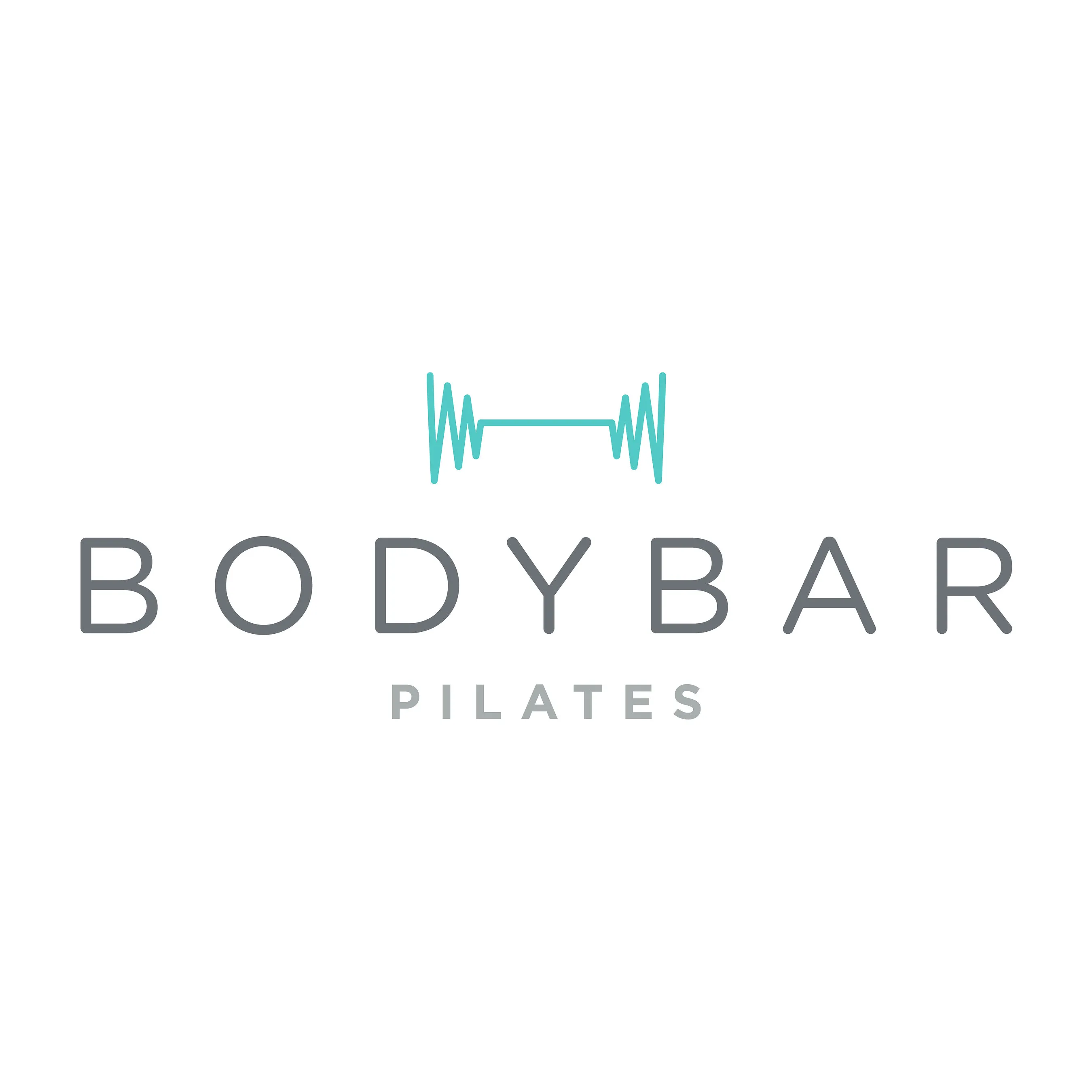 Bodybar Pilates logo with a turquoise barbell icon above gray lettering on a white background.