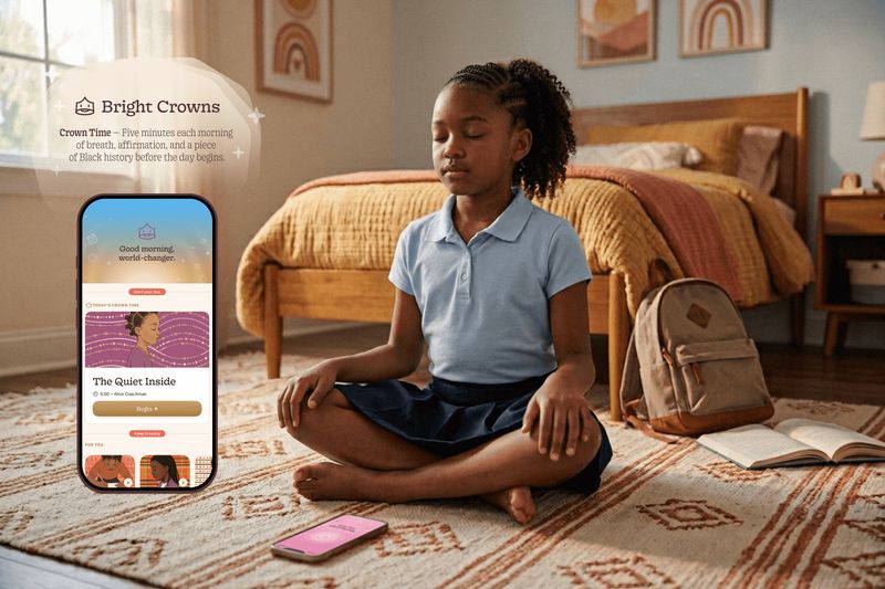 A girl meditates beside a phone displaying the Bright Crowns CrownTime app.