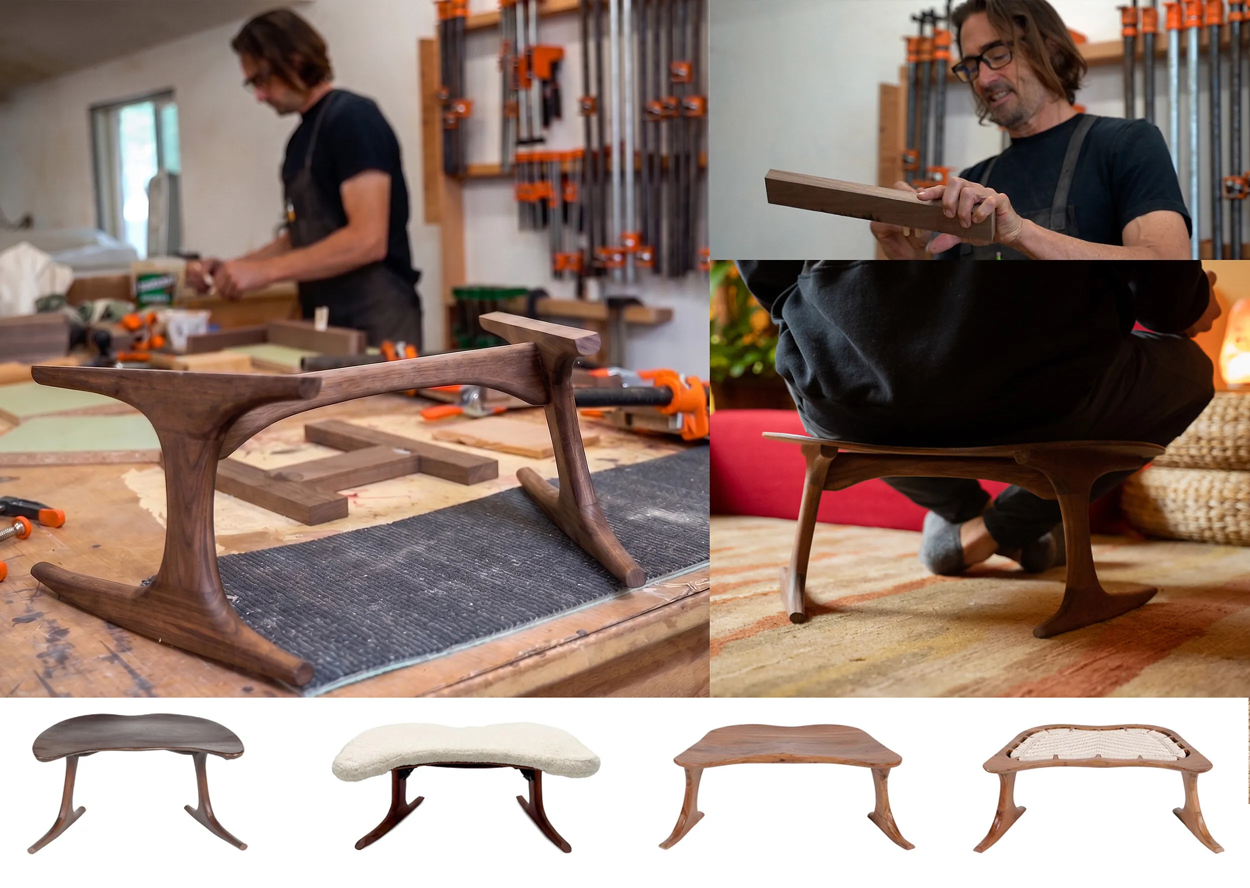 A woodworker builds and sits on a small curved wooden bench in a workshop.