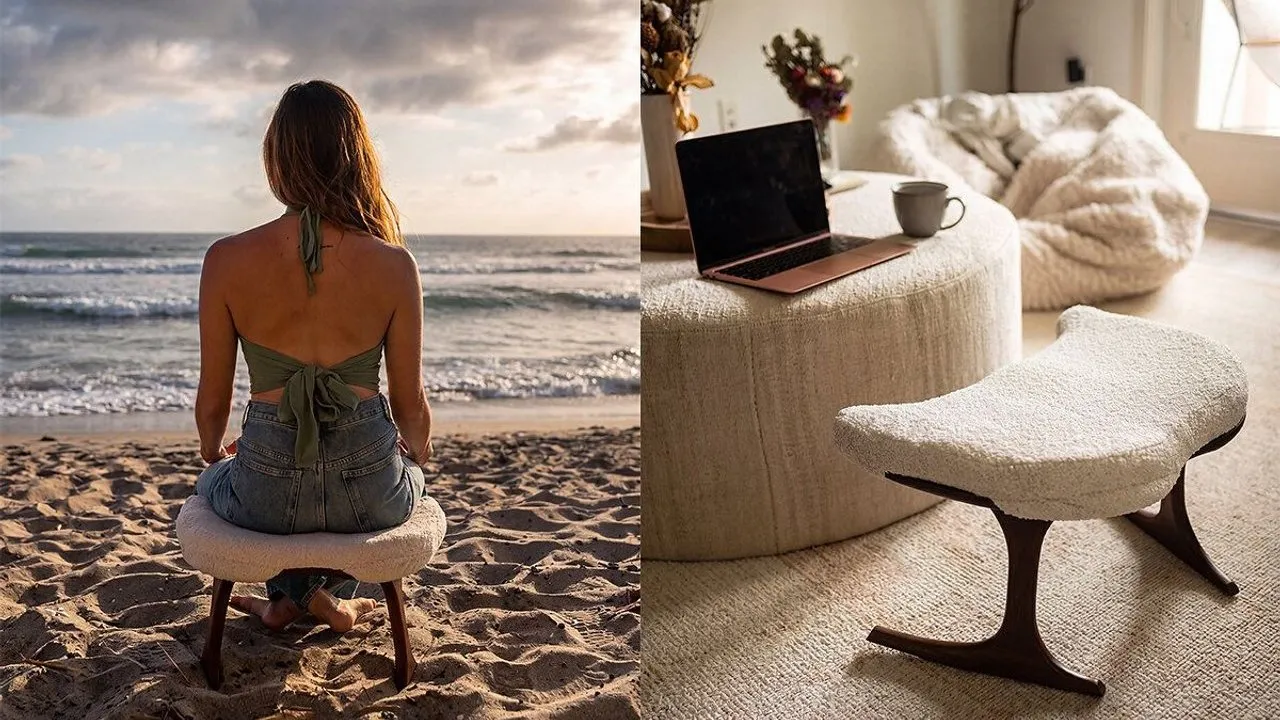 Person seated on a small stool at a beach beside an image of the stool in a living room.