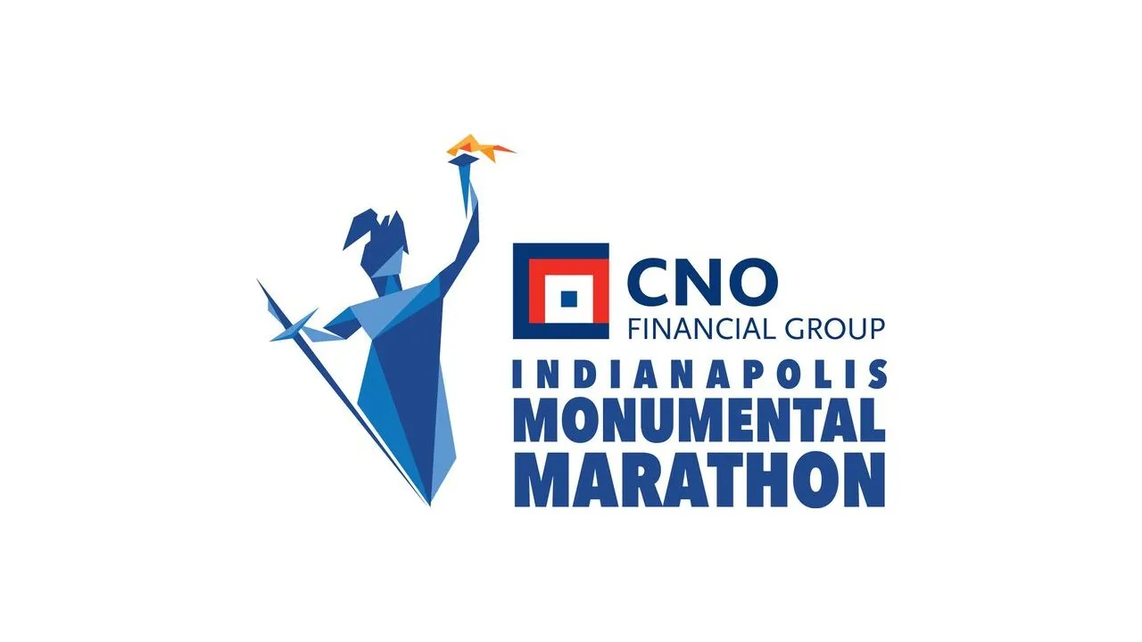 CNO Financial Group Indianapolis Monumental Marathon logo with a stylized runner holding a paper airplane.