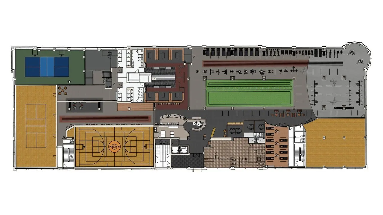 Floor plan of a gym with courts, pool, weight areas, changing rooms and café seating.