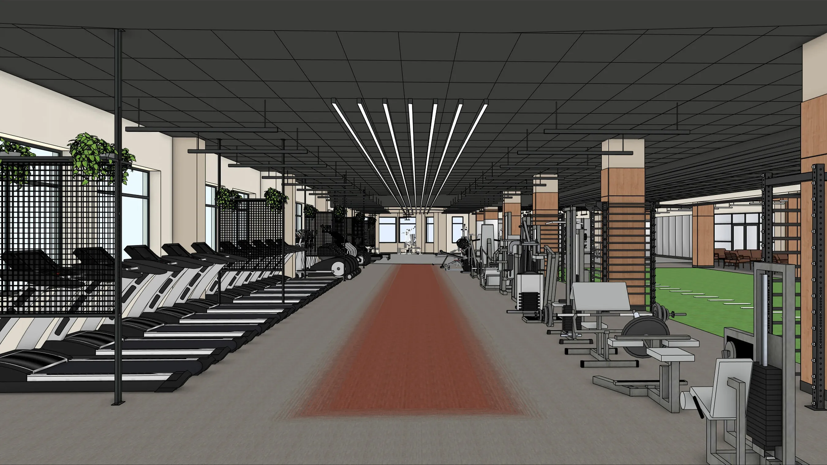 A modern gym with treadmills, weight machines, squat racks and an indoor turf training lane.