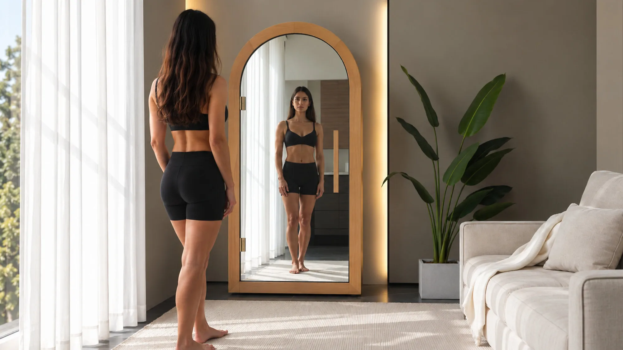 Person in black activewear standing before a full-length mirror in a modern living room.
