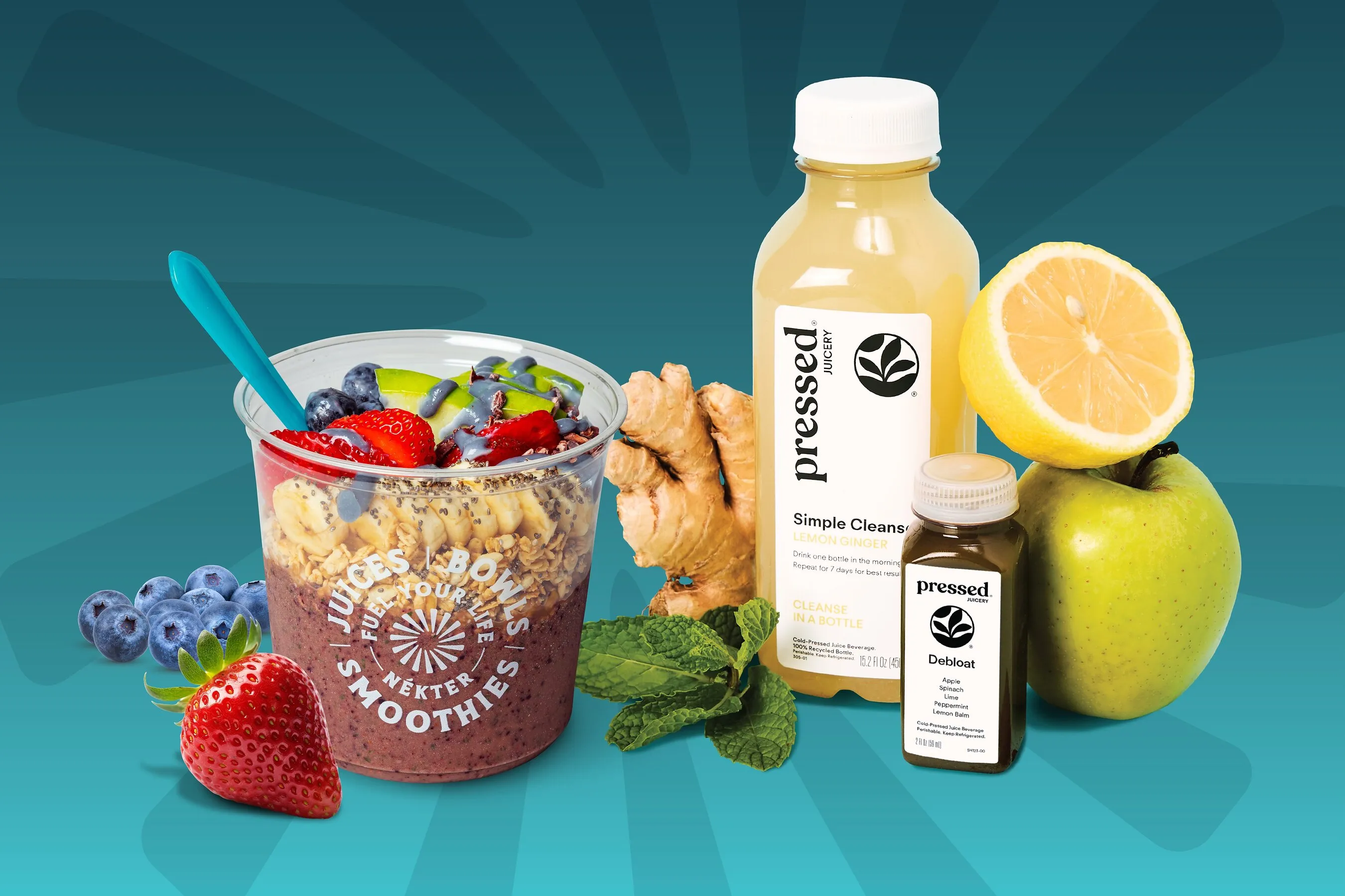 A juice bottle, wellness shot, smoothie bowl, apple, lemon, ginger, berries and mint.