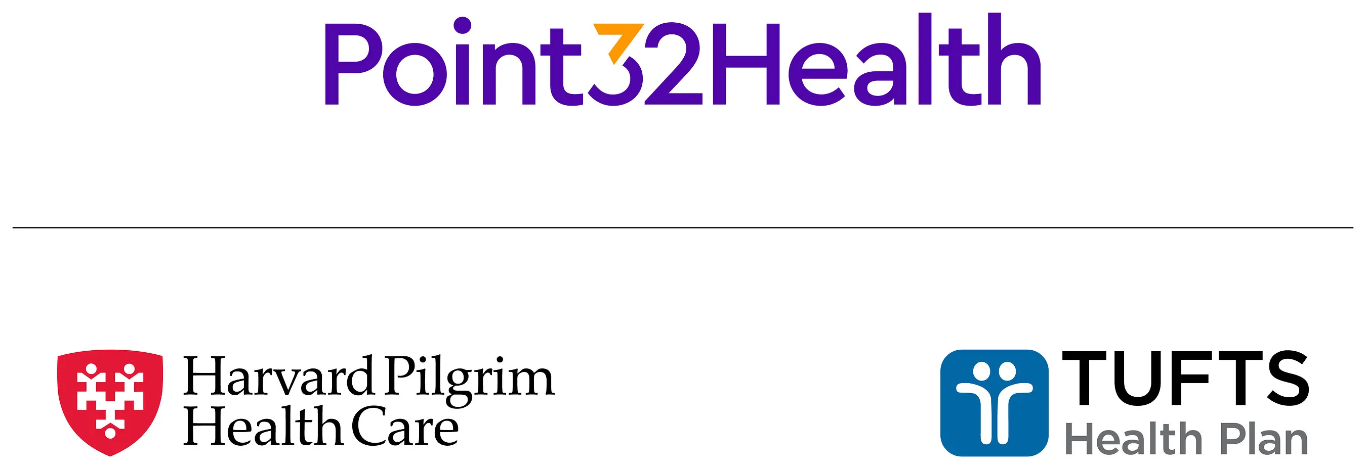 Point32Health logo above Harvard Pilgrim Health Care and Tufts Health Plan logos.