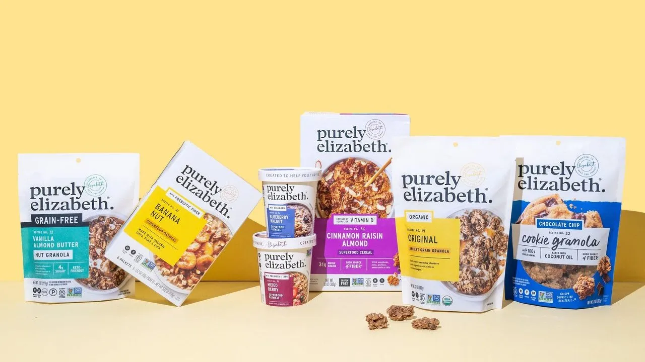 Six Purely Elizabeth granola and oatmeal products arranged on a yellow background.