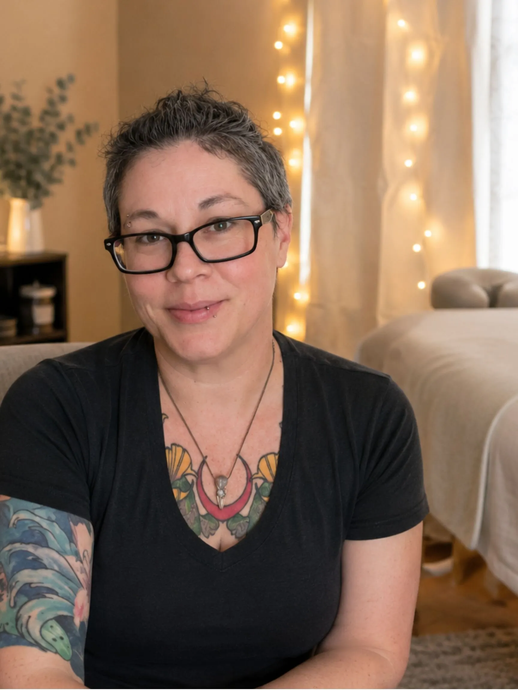 Liz Guffey, owner of Serenity Space Massage Therapy, seated in a treatment room with warm string lights behind her.