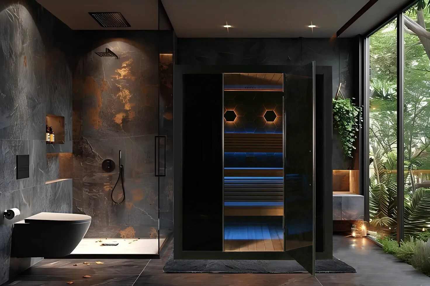 A dark modern bathroom with a black sauna cabin beside a glass wall overlooking lush plants.