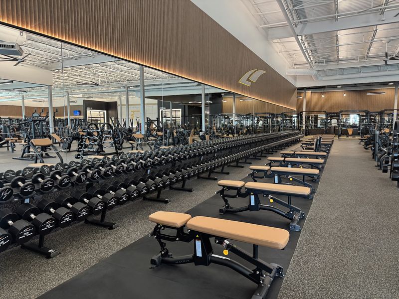 Rows of dumbbells, benches and strength-training equipment in a spacious gym.