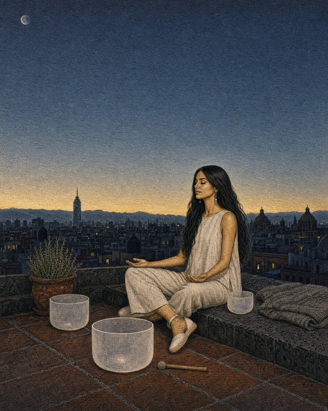 An illustrated figure meditates beside crystal singing bowls on a rooftop overlooking a city at dusk.