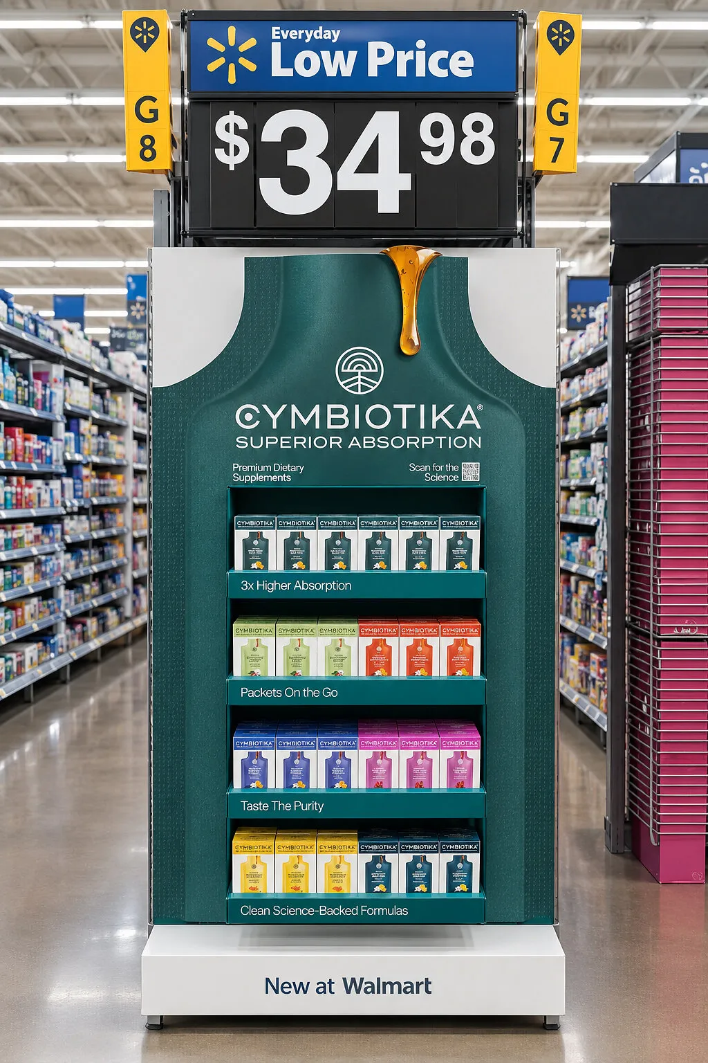 Cymbiotika supplement display on a Walmart endcap beneath a $34.98 Everyday Low Price sign