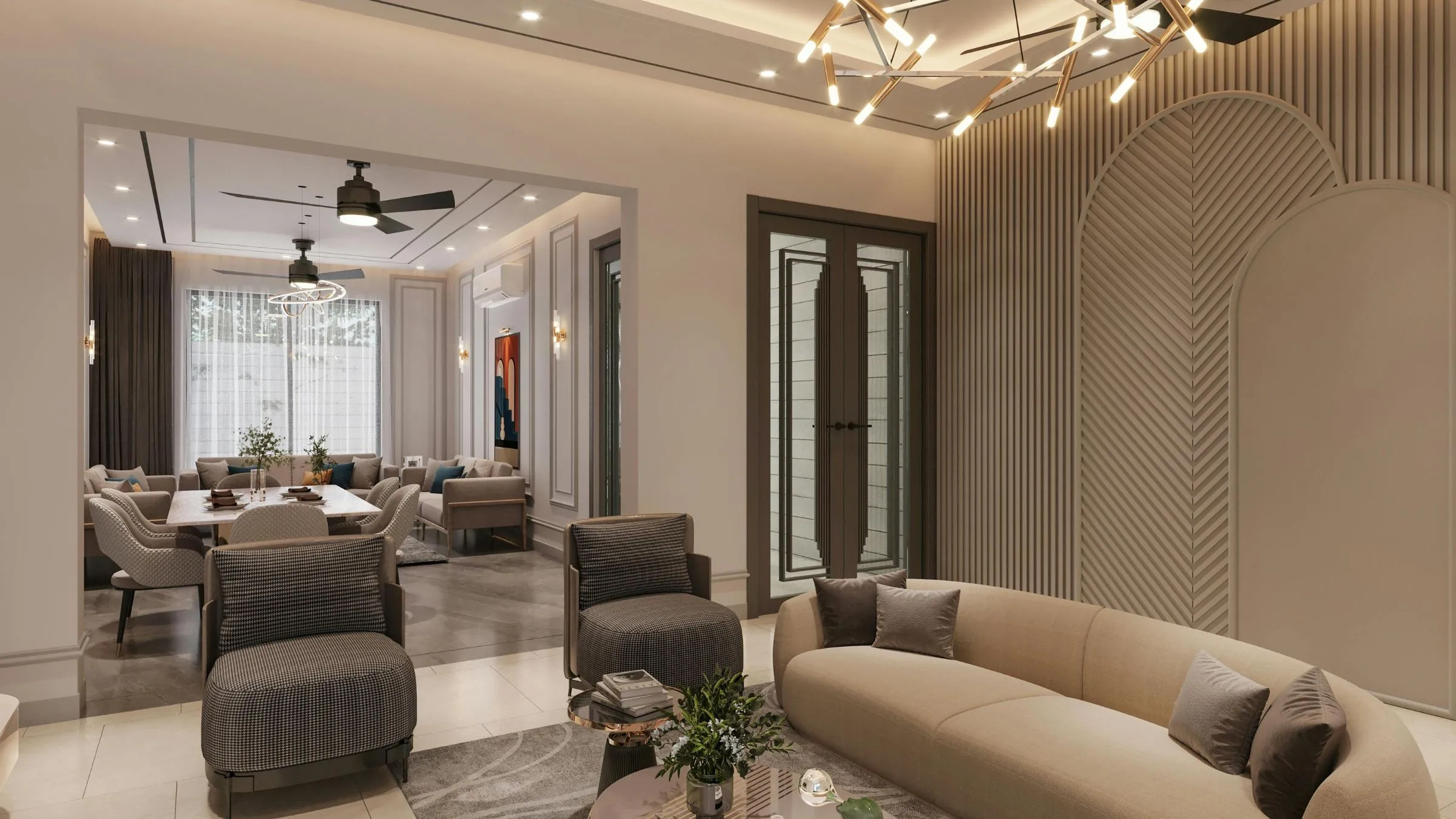 A softly lit living room with a sofa and ceiling lights.